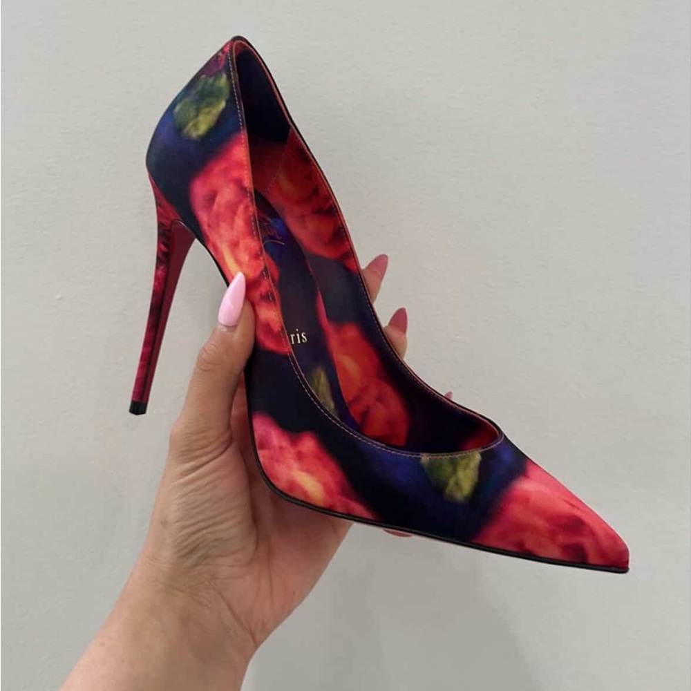 Christian Louboutin KATE 100 Roses Print Crepe Satin Heels Pumps Shoes